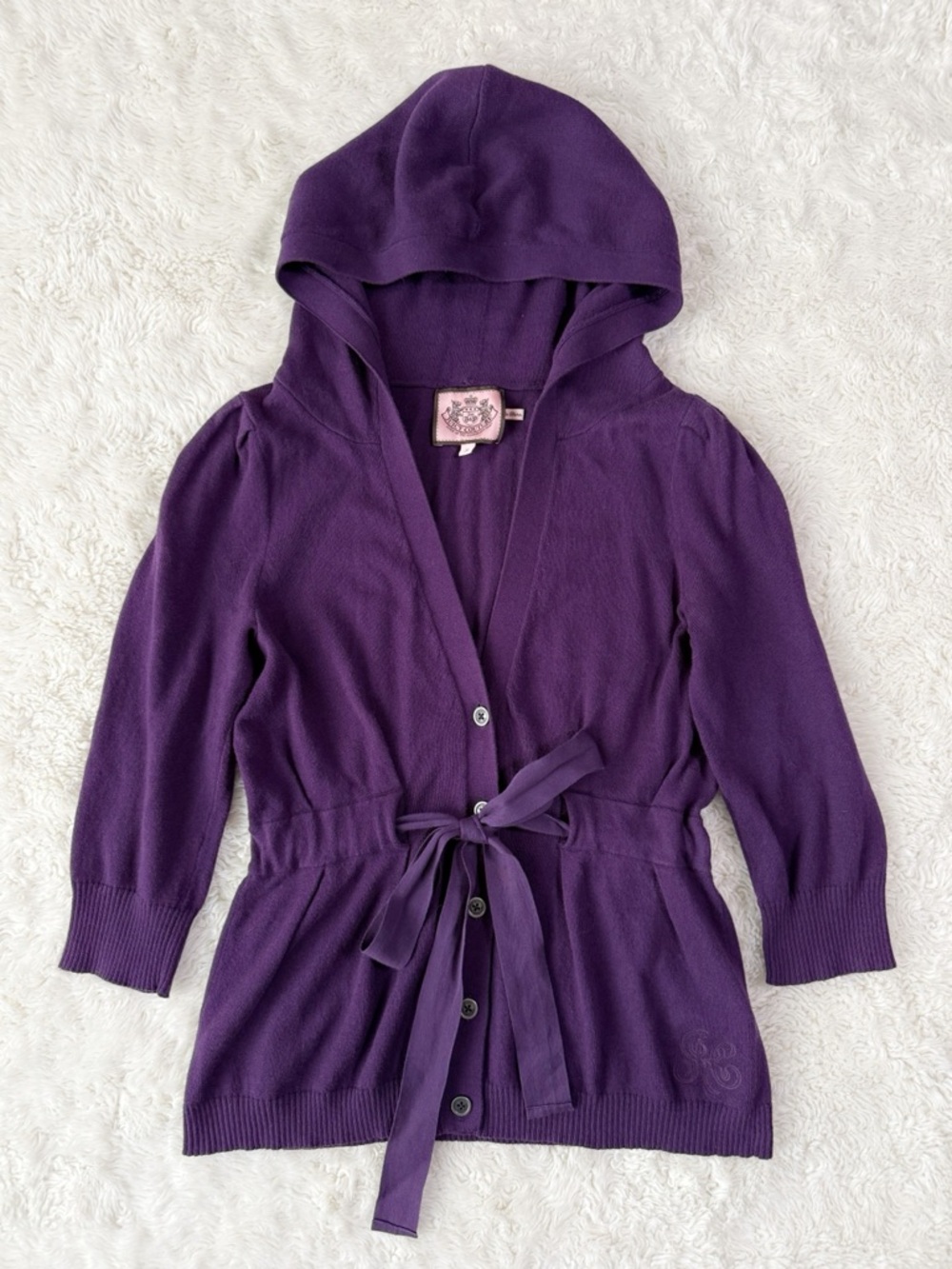 VTG Y2K 90s Juicy Couture Woman Purple Knit Belted Button Cardigan Hood Sweater